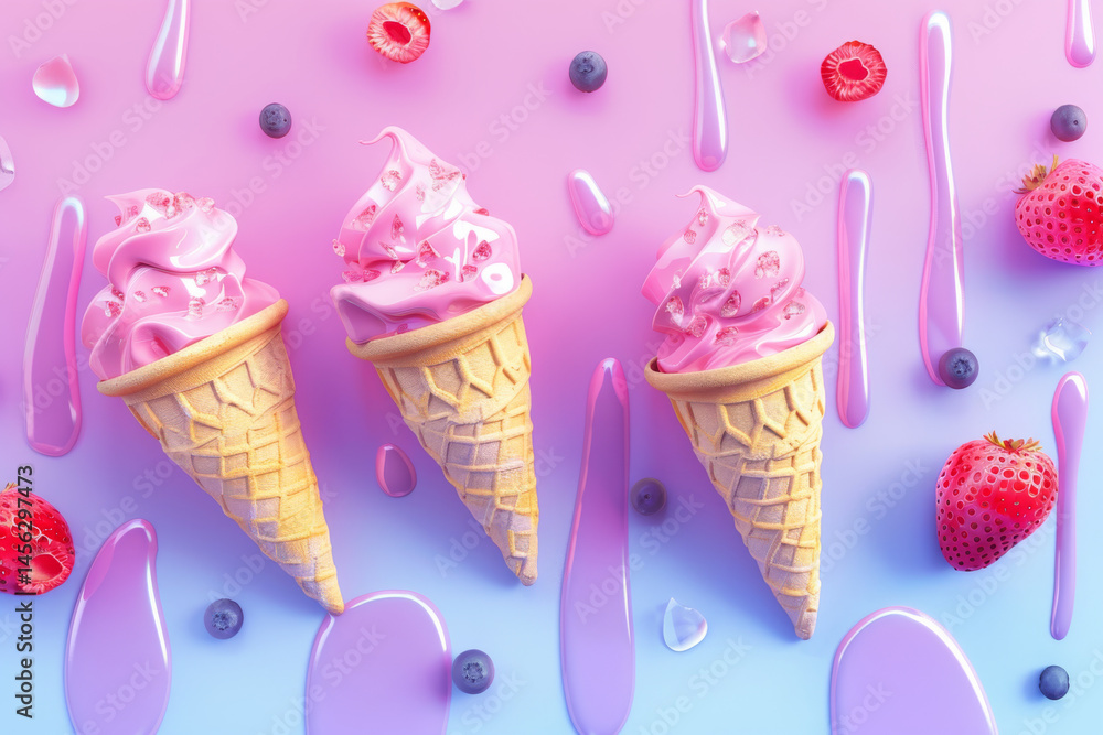 Colorful melting ice cream cones with strawberries on a sunny beach, creating a vibrant and playful summer scene.