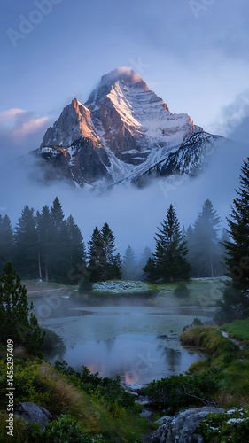 Misty mountain peak, tranquil lake, and forest.