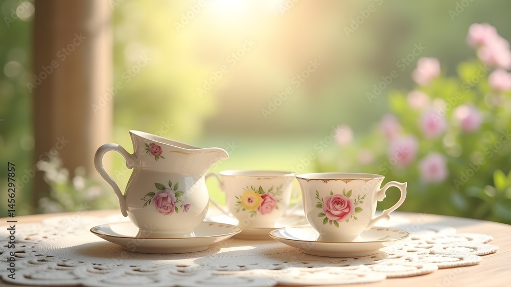 Elegant Tea Service with Rose Pattern on Outdoor Table with Lace and Floral Backdrop Elegant Tea Service with Rose Pattern on Outdoor Table with Lace and Floral Backdrop