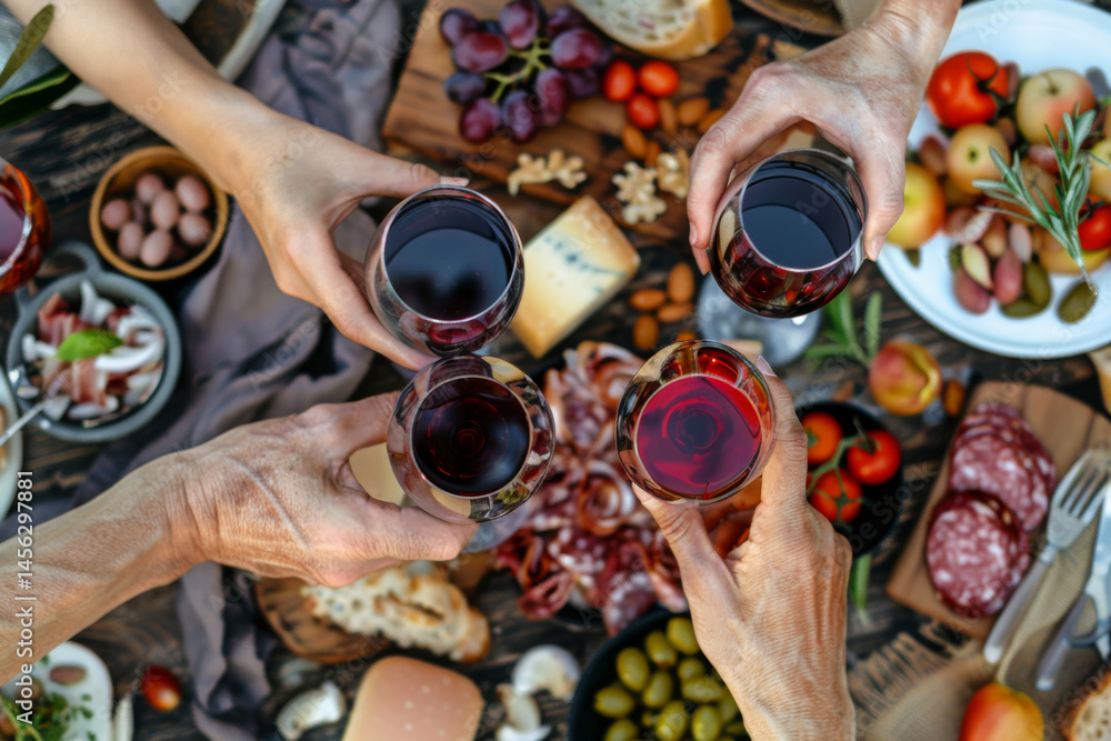 Cheese and charcuterie board with wine and olives, creating a festive and elegant dining experience.