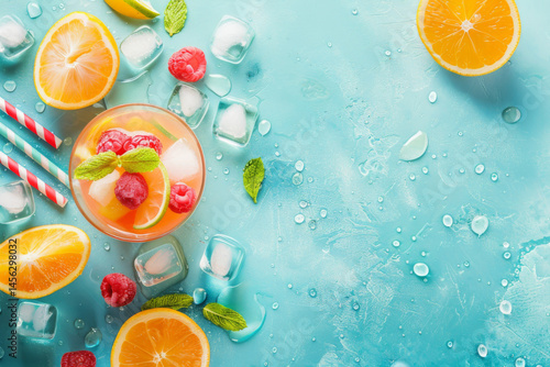 Refreshing summer drinks with citrus fruits, berries, and ice on a light background, creating a vibrant and cool scene
