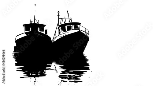 Boats Lined Up Along Riverside Dock, vector illustration