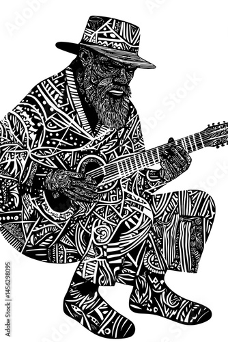 Bony Figure Playing Forgotten Instrument, coloring book design, vector illustration