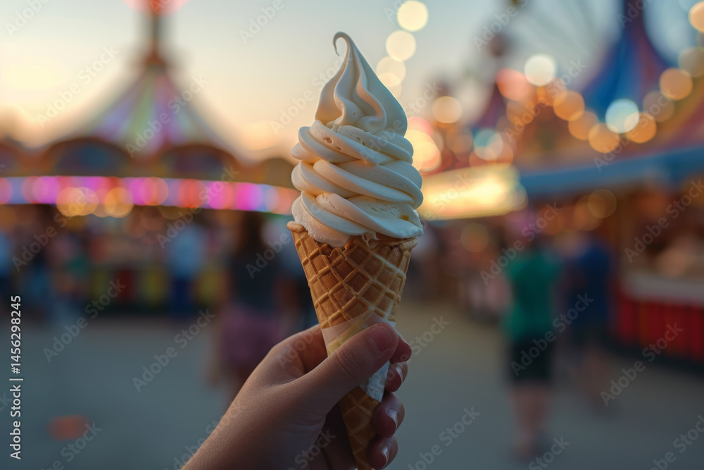 Hand holding a vanilla ice cream cone in a vibrant city street, capturing the essence of summer.