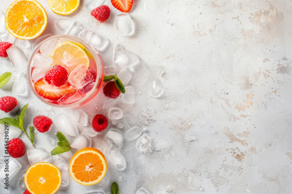 Refreshing summer drinks with citrus fruits, berries, and ice on a light background, creating a vibrant and cool scene