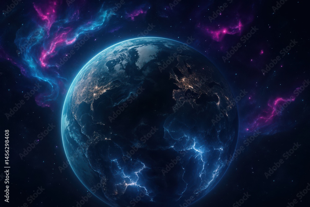 Obraz premium Exploring the depths of the cosmos with a breathtaking view of Earth illuminated by cosmic storms Generative AI