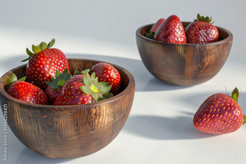 Fresh strawberries in two wooden bowls, showcasing their vibrant red color and juicy texture against a white background.