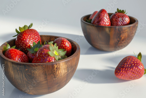 Obraz na płótnie Fresh strawberries in two wooden bowls, showcasing their vibrant red color and juicy texture against a white background. w salonie