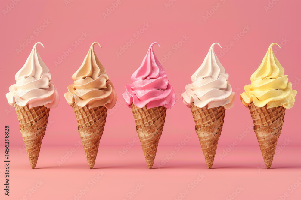 Assorted soft serve ice cream cones in various flavors, arranged in a row against a pastel background.