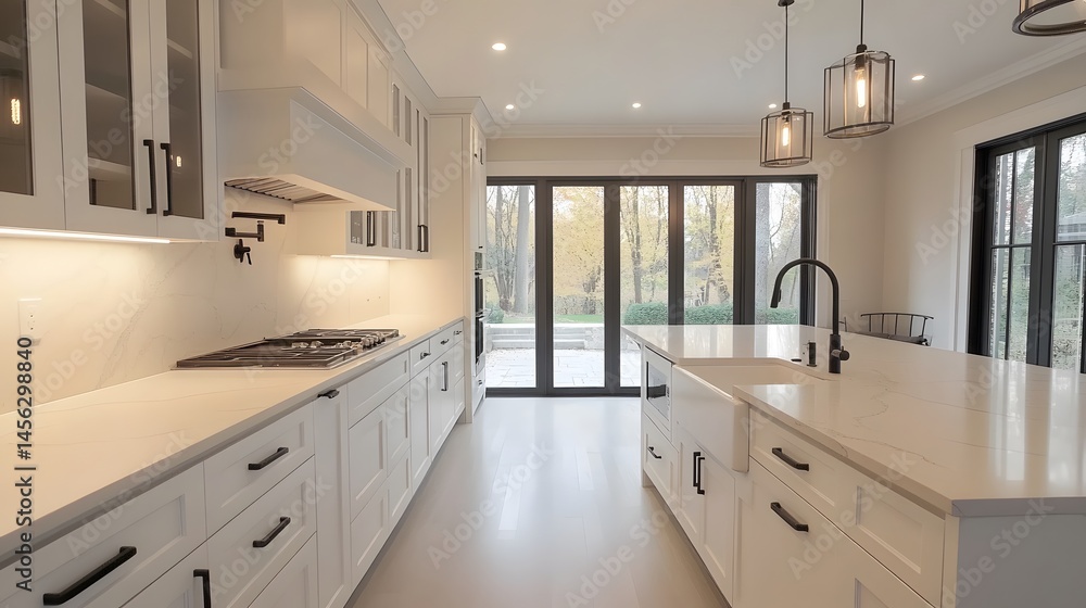 Modern, bright kitchen with expansive view. Modern, bright kitchen with expansive view.