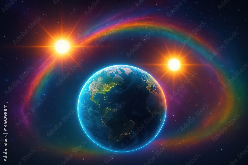 Fototapeta premium Exploration of dual suns illuminating Earth in a vibrant cosmic landscape filled with colors and celestial wonder Generative AI
