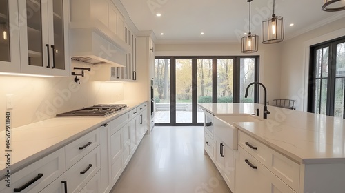 Modern, bright kitchen with expansive view.