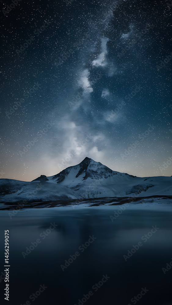 Fototapeta premium Snowy mountain peak under a starry night sky.