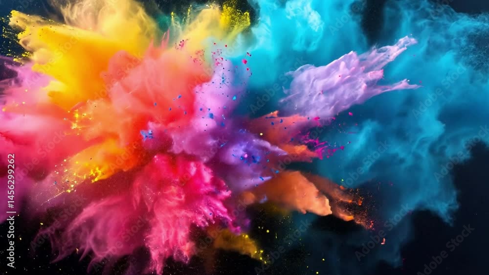 Vibrant explosion of colorful powder creates stunning visual effect, showcasing bright shades of pink, yellow, blue, and purple against dark background, evoking sense of energy. Vibrant explosion of colorful powder creates stunning visual effect, showcasing bright shades of pink, yellow, blue, and purple against dark background, evoking sense of energy.