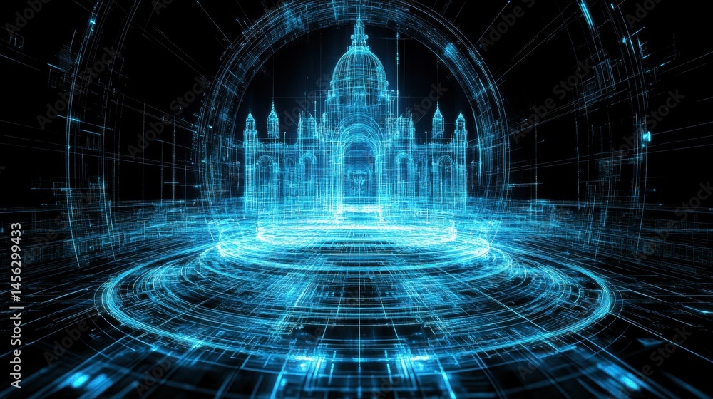 Fototapeta premium Digital Realm Architectural Visualization Futuristic Cyberpunk Structure Glowing Blue Tech Design High Tech Virtual Reality Data Cityscape
