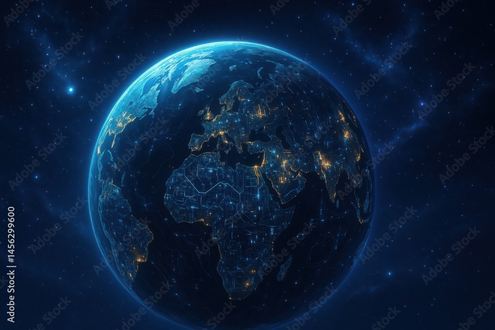 Obraz premium Exploration of our beautiful planet showcasing continents, city lights, and the stunning vastness of space at night Generative AI