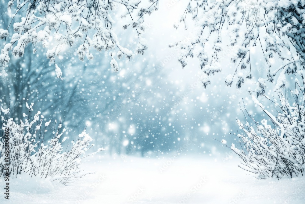 Snow-covered tree branches hanging over a soft, white winter landscape with gentle snowfall, evoking serenity, purity, and peaceful seasonal beauty Snow-covered tree branches hanging over a soft, white winter landscape with gentle snowfall, evoking serenity, purity, and peaceful seasonal beauty