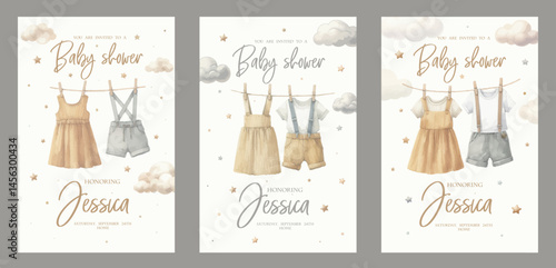 Cute baby shower watercolor invitation card for baby and kids new born celebration. Card with baby dress.