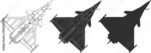 Set of icons of multi-role fighter jet line, isolation and silhouette in black color, plane top view, French fighter jet Squall.
