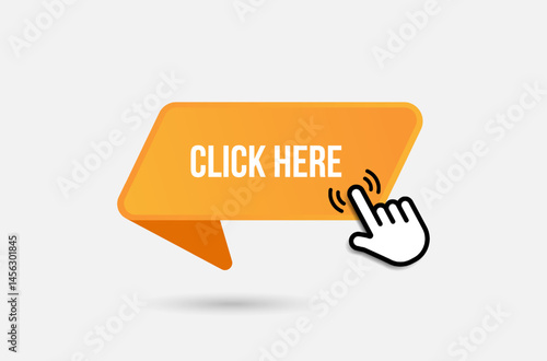 Click here web buttons with hand cursor. Set of action button with arrow pointer. Click button. Modern action button mouse click symbol. Computer mouse click cursor or Hand pointer symbol.