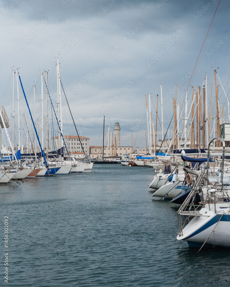 Obraz premium Numerous sailboats moored in the harbor offer a view of the 