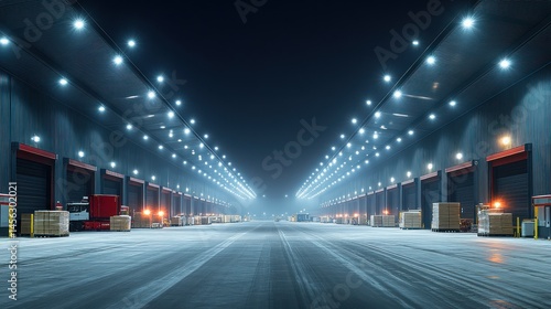 Empty warehouse at night, lit by powerful lights.  Boxes and equipment are visible