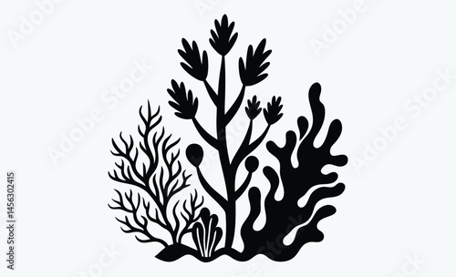 Coral seaweed silhouette, coral seaweed shape aesthetic element, vector, silhouette, abstract cartoon underwater plant collection