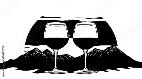 Glasses Clinking Together During Sunset, vector illustration
