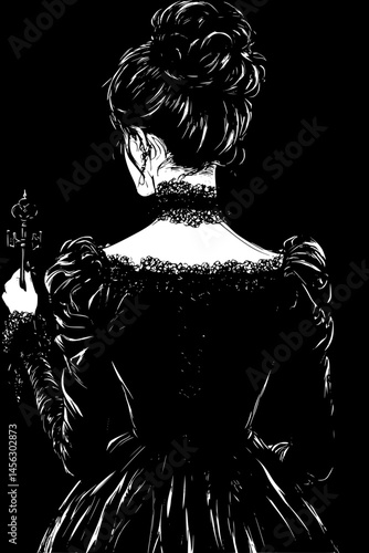 Goth Girl Holding Ancient Key, coloring book design, vector illustration