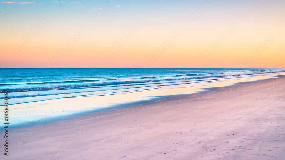 Obraz premium Pastel beach at sunrise or sunset. Gentle waves on shore.