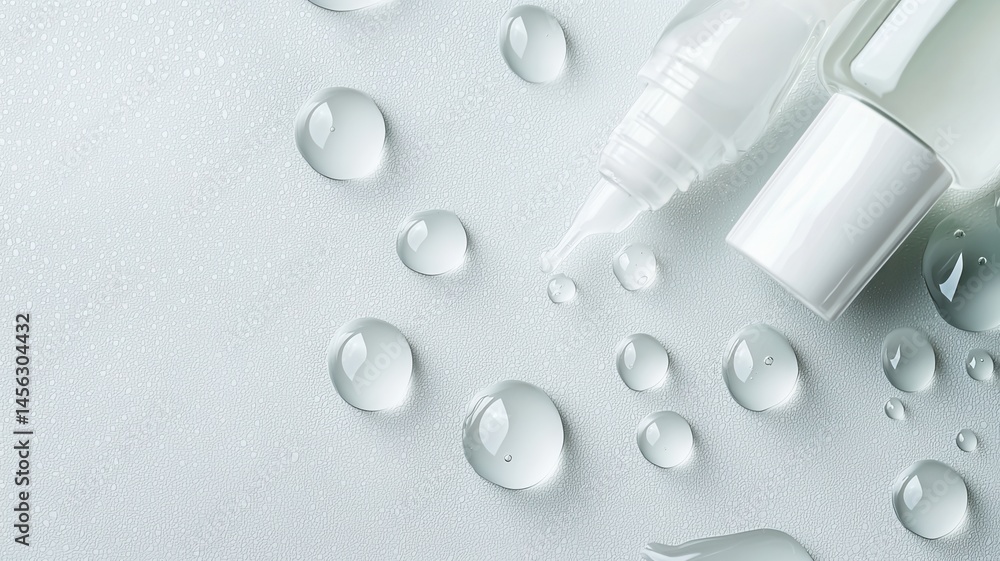 White cosmetic dropper bottles releasing moisturizing serum on wet background, creating a refreshing and hydrating scene for beauty and skincare products White cosmetic dropper bottles releasing moisturizing serum on wet background, creating a refreshing and hydrating scene for beauty and skincare products
