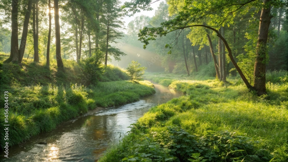 Fototapeta premium Sunlit River in Lush Forest Landscape Photography, Nature Scenery, Morning Mist, river, forest