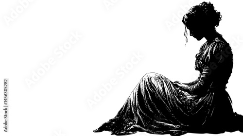 Melancholy Woman In Victorian Dress, vector illustration