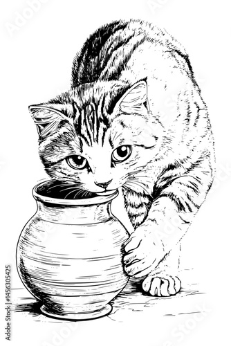 Mischievous Feline Knocking Over Vase, coloring book design, vector illustration