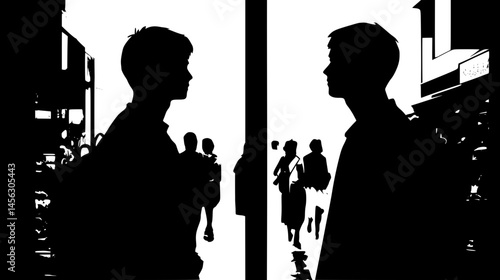 Mirror Reflecting Crowded Market Scene, vector illustration