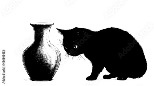 Mischievous Feline Knocking Over Vase, vector illustration
