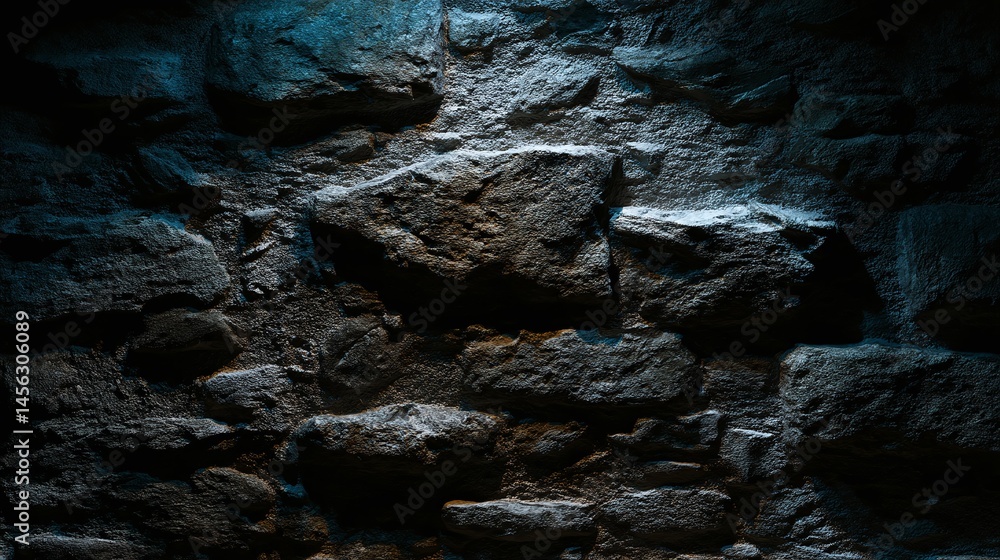 A dark stone wall with light shining on some of the rocks. A dark stone wall with light shining on some of the rocks.