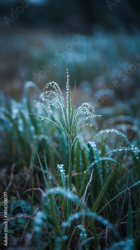Dew-kissed grass blades, vibrant green.