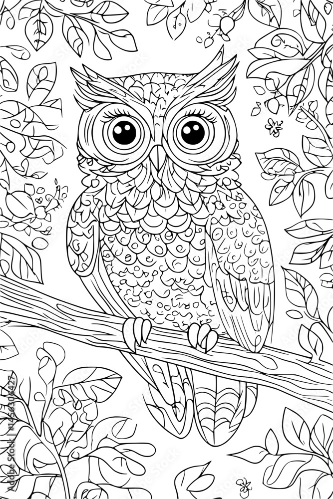Fototapeta premium Owl Perched On Branch Watching, coloring book design, vector illustration
