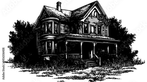 Overgrown Victorian With Hidden Secrets, vector illustration