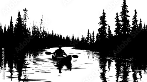 Paddler Steering Near Forest Shore, vector illustration