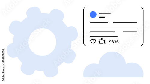 Social media card with profile, thumbs ups, and comments beside a gear and cloud shape. Ideal for technology, interaction, data analysis, cloud computing, social media, user engagement and simple