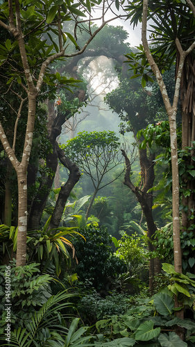 Dense jungle, lush green foliage, misty atmosphere.