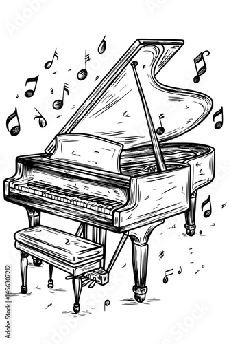 Piano With Floating Music Notes, coloring book design, vector illustration