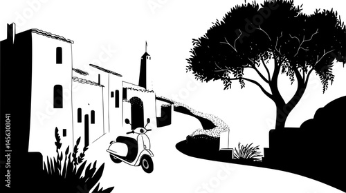 Scooter Driving Through Narrow Village Lane, vector illustration