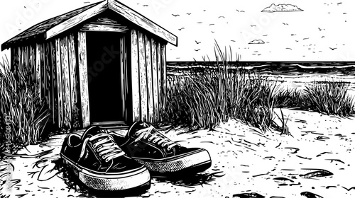 Shoes Left Outside Beach Hut, vector illustration