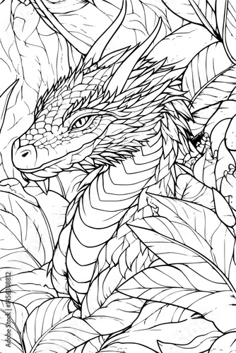 Sleeping Dragon In A Hidden Cave, coloring book design, vector illustration