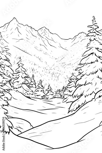 Snow Covered Slopes Under Open Sky, coloring book design, vector illustration