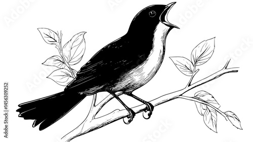 Songbird Singing From Tree Branch, vector illustration