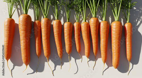Fresh Carrots Displaying Vibrant Orange Color And Green Stems In A Row
